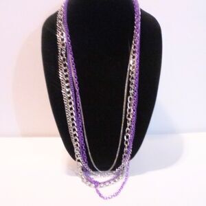 Silver and Purple Multi Chain Necklace and Drop Earring Demi Set